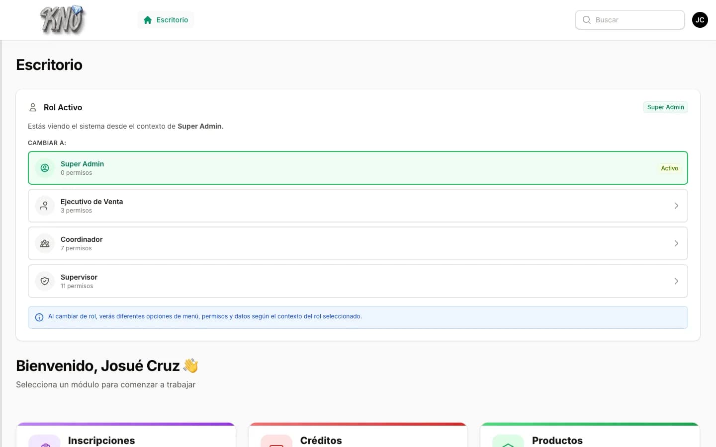 Escritorio KNO con selector de roles y módulos del sistema
