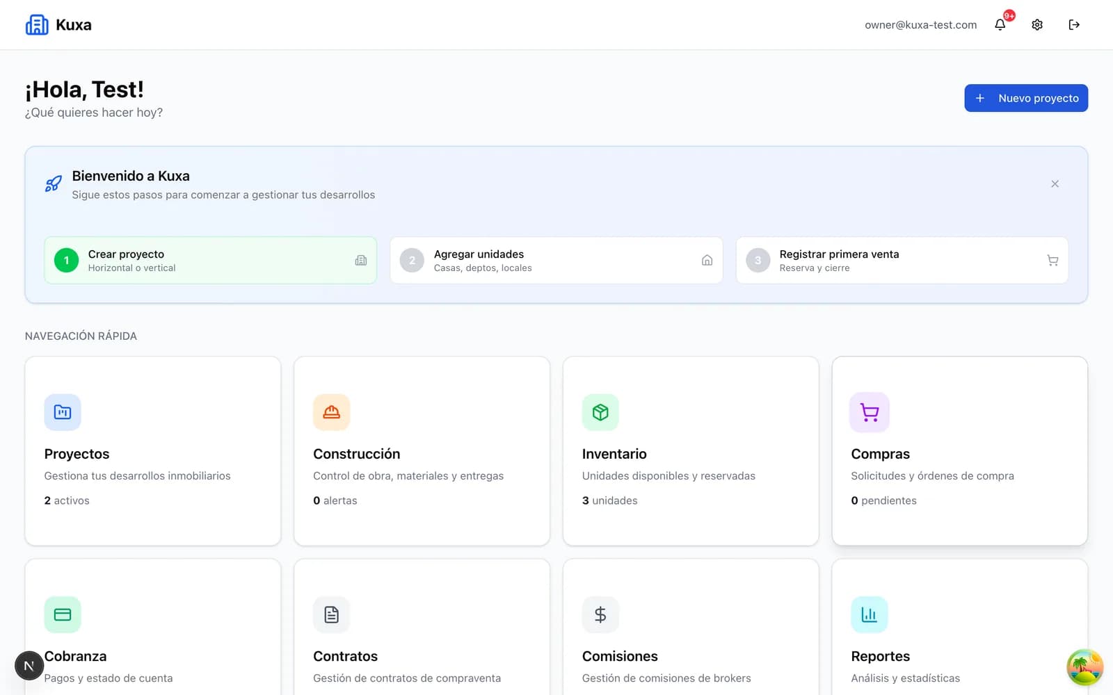 Dashboard ejecutivo Kuxa con onboarding y navegación rápida a 8 módulos
