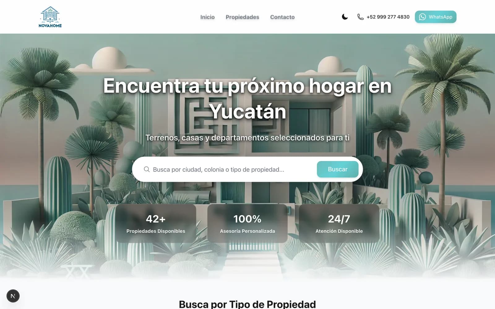 Landing pública de Novahome con catálogo destacado de propiedades en Yucatán
